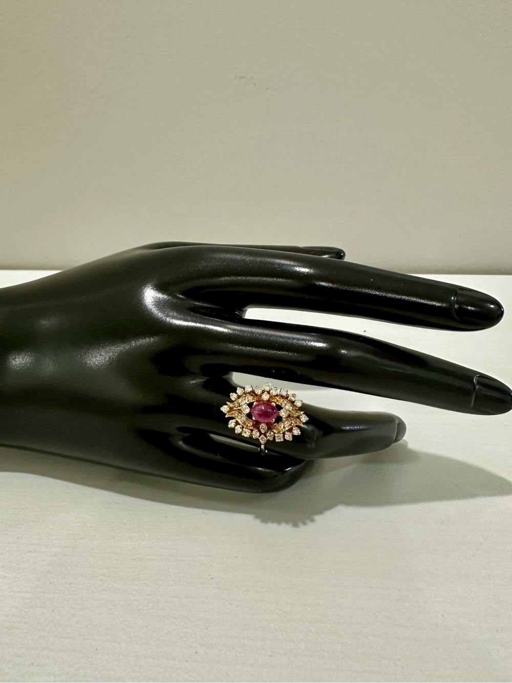Estate Vintage Gold Starburst Cluster Ring Cabochon Ruby & Pavé Diamond